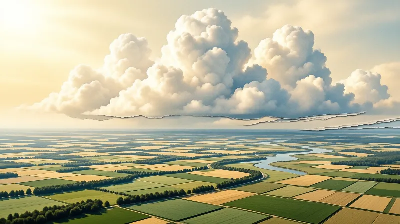 Aerial patchwork of green and gold fields crossed by a winding river under a huge cumulus cloud in warm light.