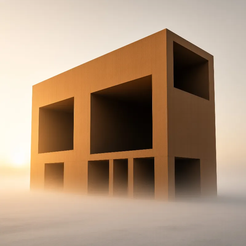 A blocky sand-colored structure with deep rectangular openings rises out of low mist in warm side light
