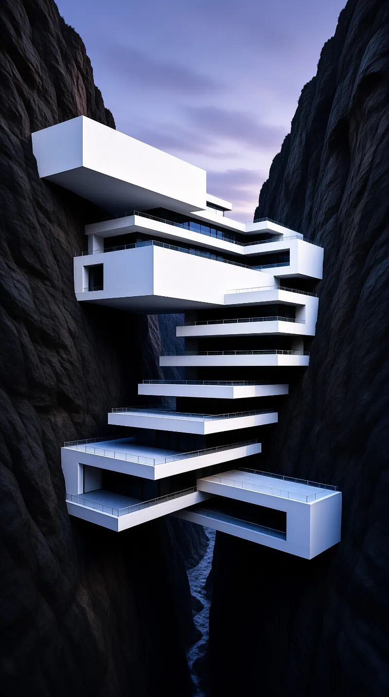 A large white geometric structure is built into the side of a steep dark cliff face under a twilight sky.