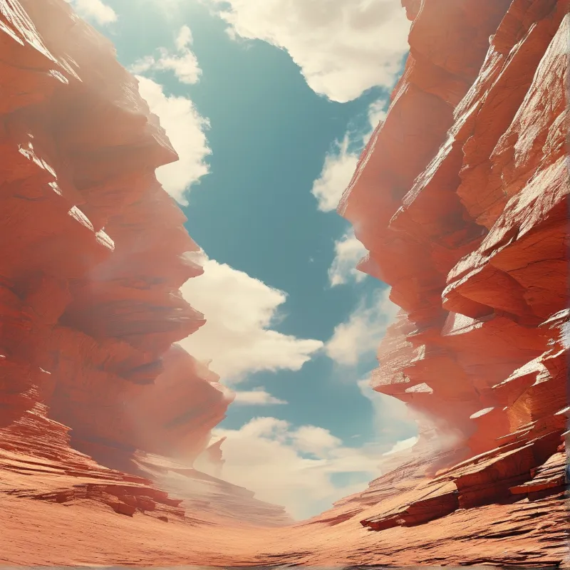 View looking up at towering orange sandstone canyon walls under a bright blue sky with scattered white clouds.