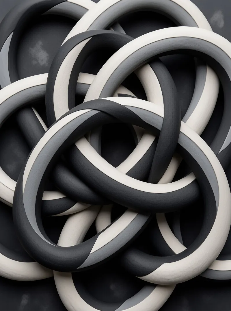 Torus knots interlock to form a complex geometric pattern with soft lighting and contrast on the surfaces.