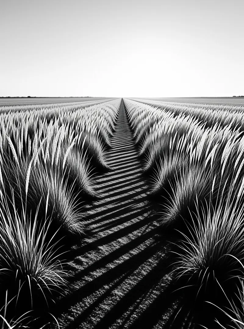 A high contrast black and white photograph of tall grain rows stretching across a flat landscape towards a distant horizon.