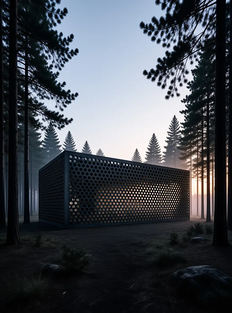A large perforated metal box sits in a foggy pine forest illuminated by soft sunrise light.