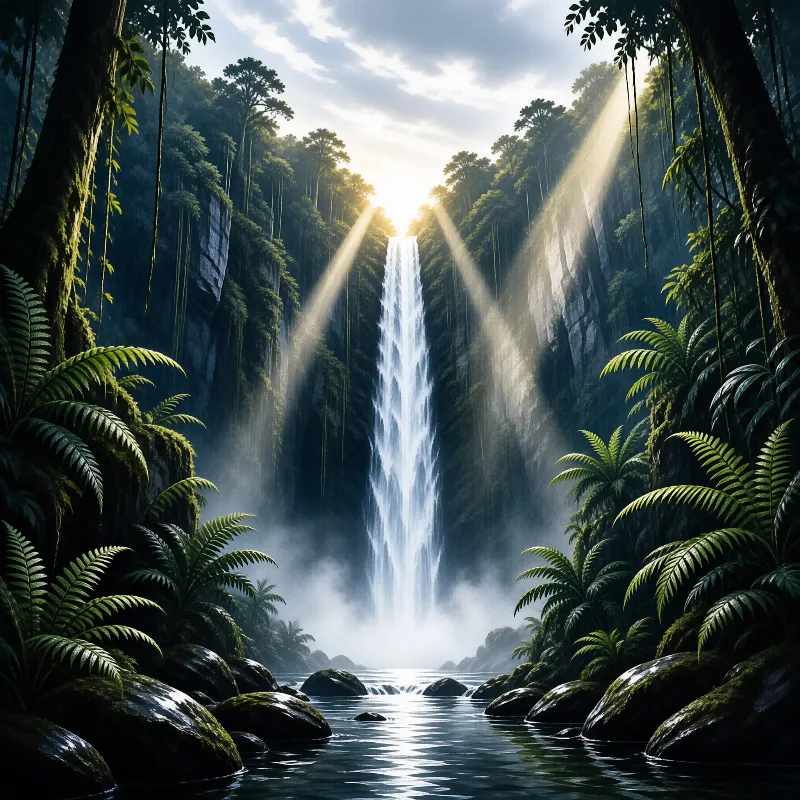 Sunlight streams through the canopy onto a tall waterfall falling into a misty forest pool.