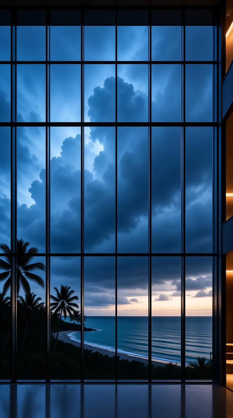 A view through a black grid window reveals a dark blue sky with heavy clouds over a tropical beach and ocean at sunset.