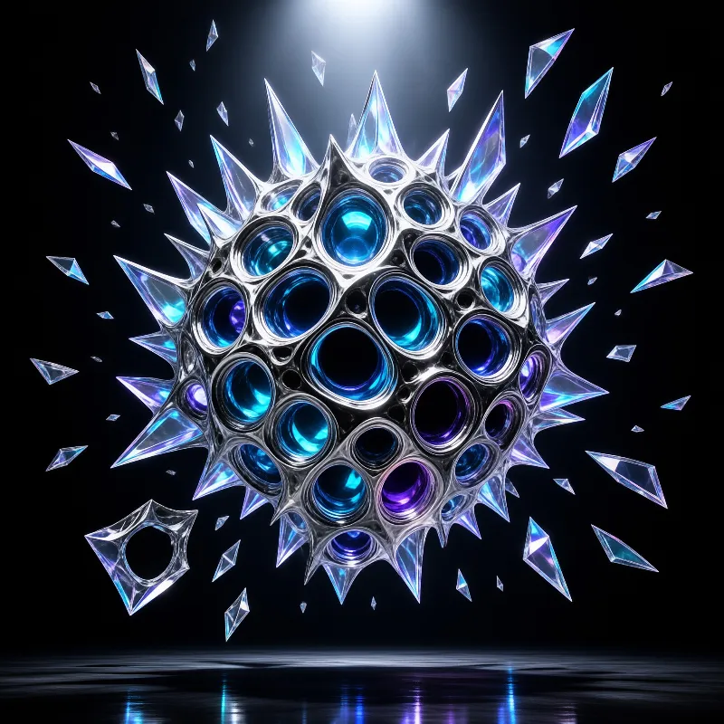 Polished chrome orb filled with deep blue glass lenses and crystal spikes, lit from above against a black studio floor.