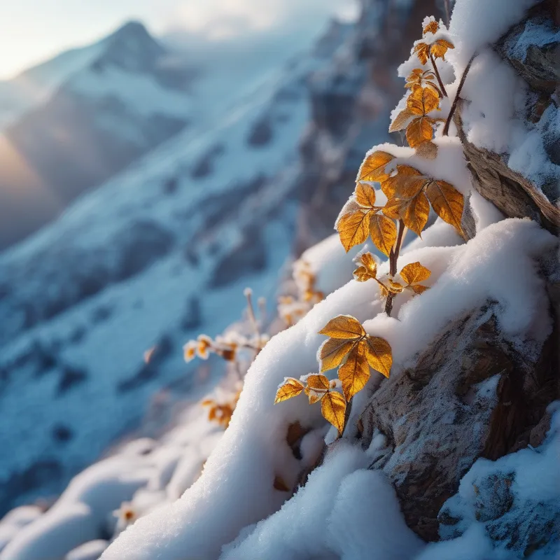 A spray of amber autumn leaves clings to a snow-covered branch against distant blue peaks