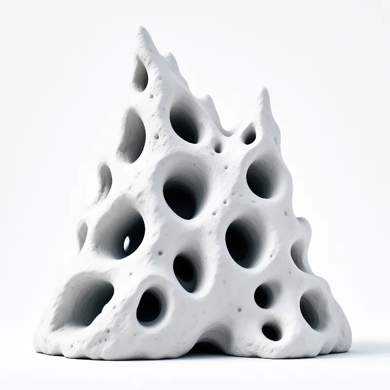 A porous white triangular sculpture with deep holes sits on a plain white surface under soft light.