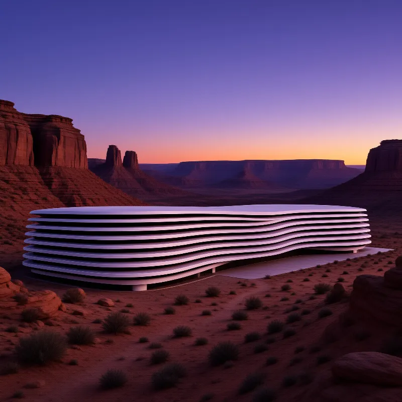 A sleek horizontally striped building rests within a vast red rock canyon beneath a warm purple and orange twilight sky.