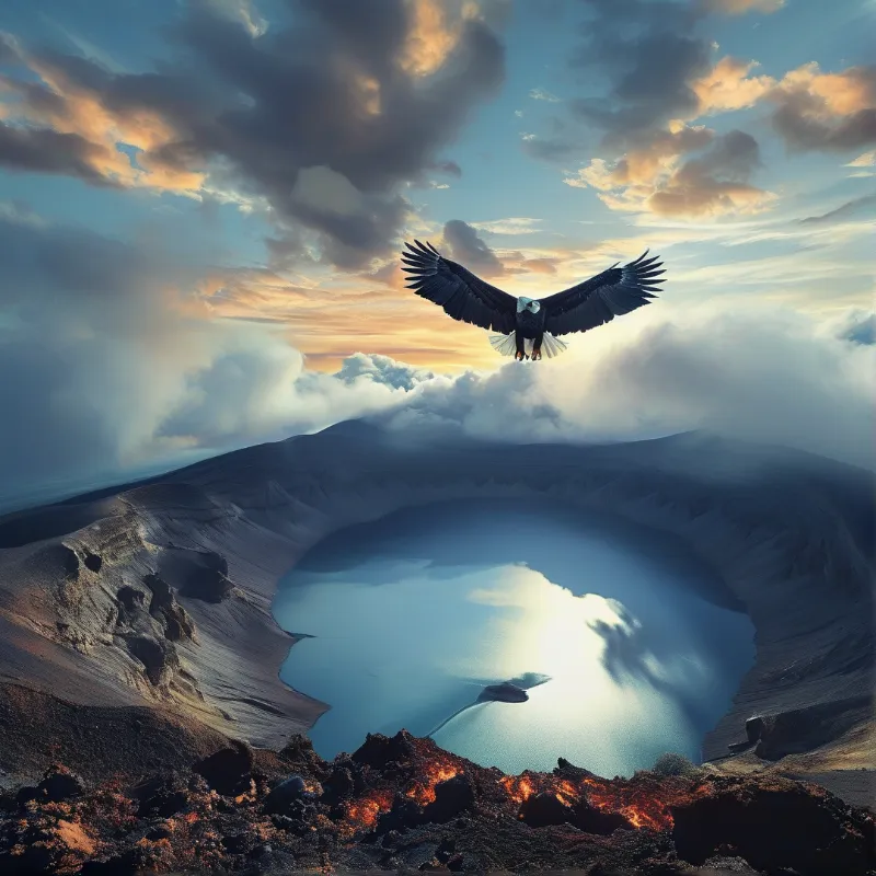 A large eagle with spread wings flies high above a vast volcanic crater containing a calm lake under a dramatic sky.