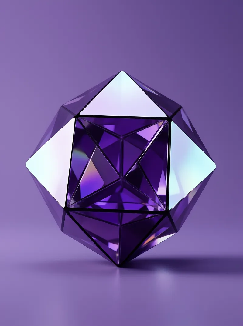 A translucent purple geometric crystal stands centered on a smooth violet surface with bright white highlights catching its sharp faceted edges and revealing complex internal refractions within the dark interior.