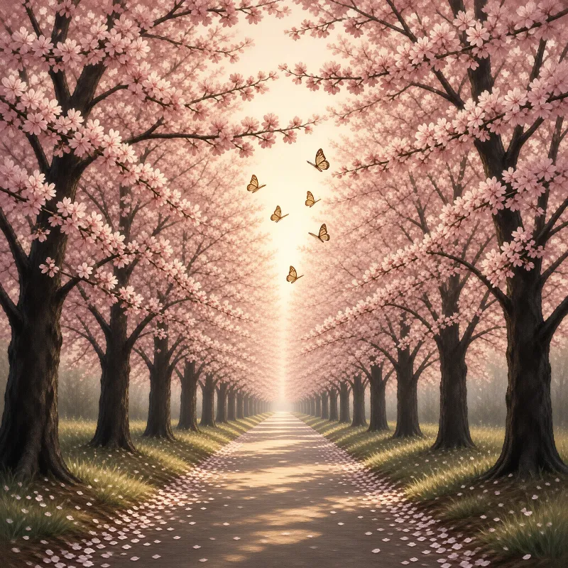 Blooming cherry trees form a tunnel around a sunlit path scattered with pink petals and flying butterflies.