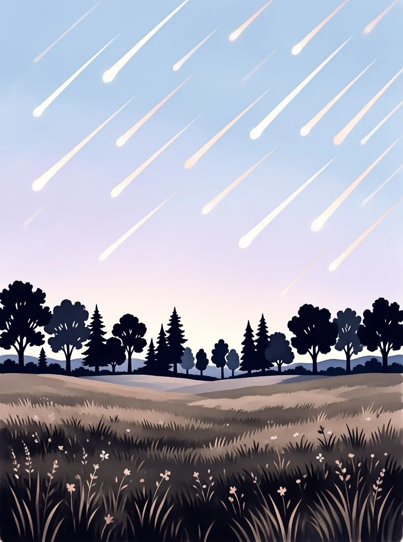 Digital art depicting a dark forest silhouette and grassy field beneath a sky filled with diagonal white meteor streaks.