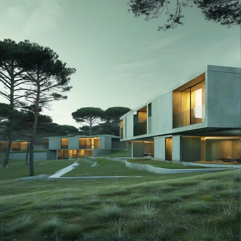 A concrete residence glows with warm light while nestled among tall pine trees on a grassy slope.