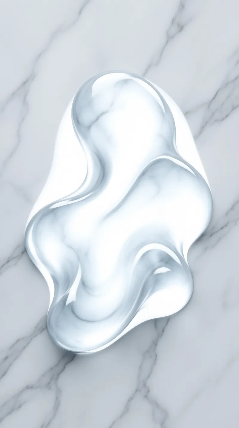 A glossy amorphous shape sits on a white marble surface reflecting cool light.
