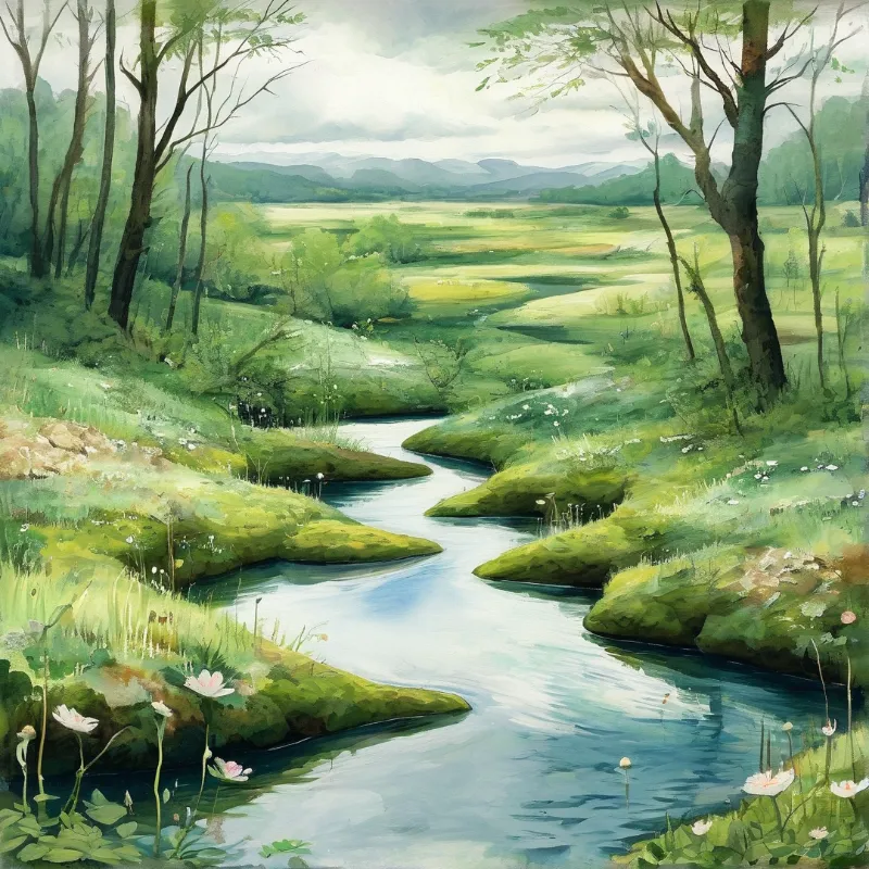 Painted brook curving between mossy banks and young trees, opening onto a wide valley under soft summer cloud