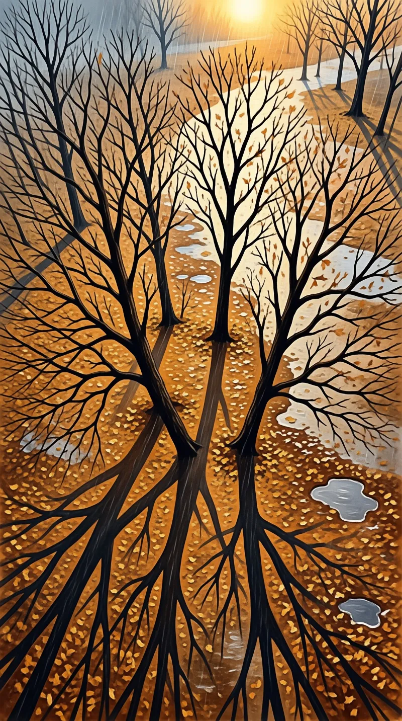 Leafless trees stretch dark branching shadows across a field blanketed with golden fallen leaves in soft rain.