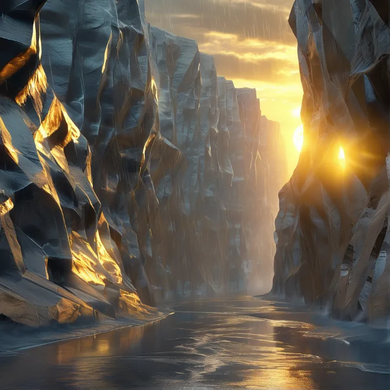 Sunlight bursts through storm clouds above a narrow canyon of faceted rock walls and thin rain streaks.