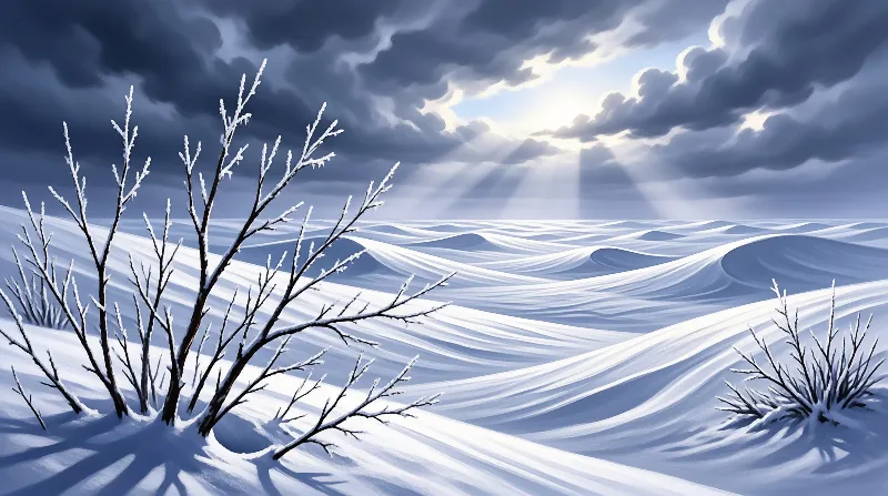 Leafless frosted twigs overlook snow drifts beneath heavy storm clouds releasing bright rays of light into the valley.