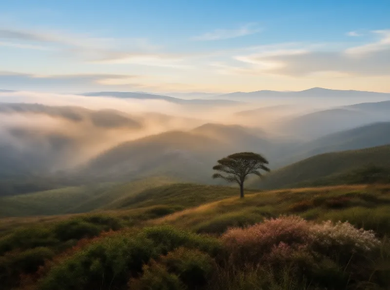 Solitary Tree in Foggy Hills