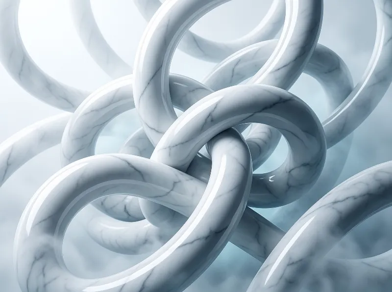 A close-up view of glossy white marble toroids tangled together against a pale blue background with bright reflections.