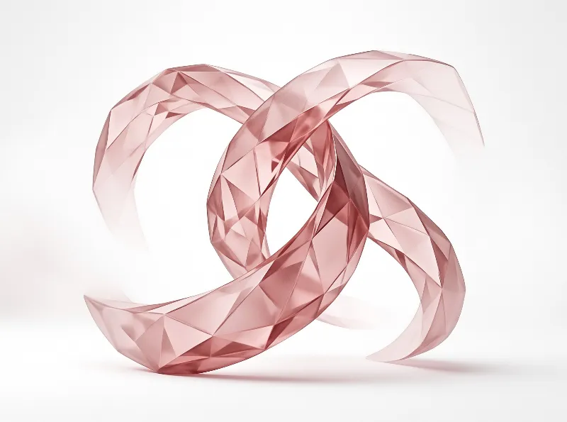 Twisted translucent rose polygonal sculpted band rests on a plain white studio surface, bathed in soft even lighting.