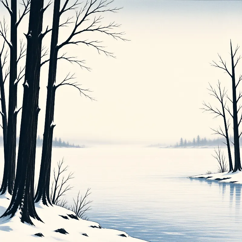 Dark leafless trees stand on a snow-covered bank overlooking a calm misty lake with distant forest silhouettes.