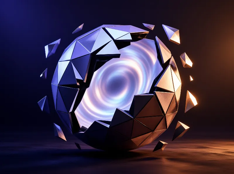 A shattered polyhedral ball floats above a dark surface while a glowing blue tunnel emerges from its center.