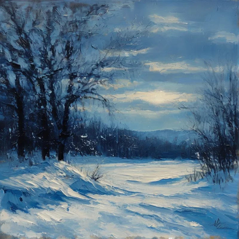 A painterly view of a snow-covered river winding through a dark forest under a pale blue sky.
