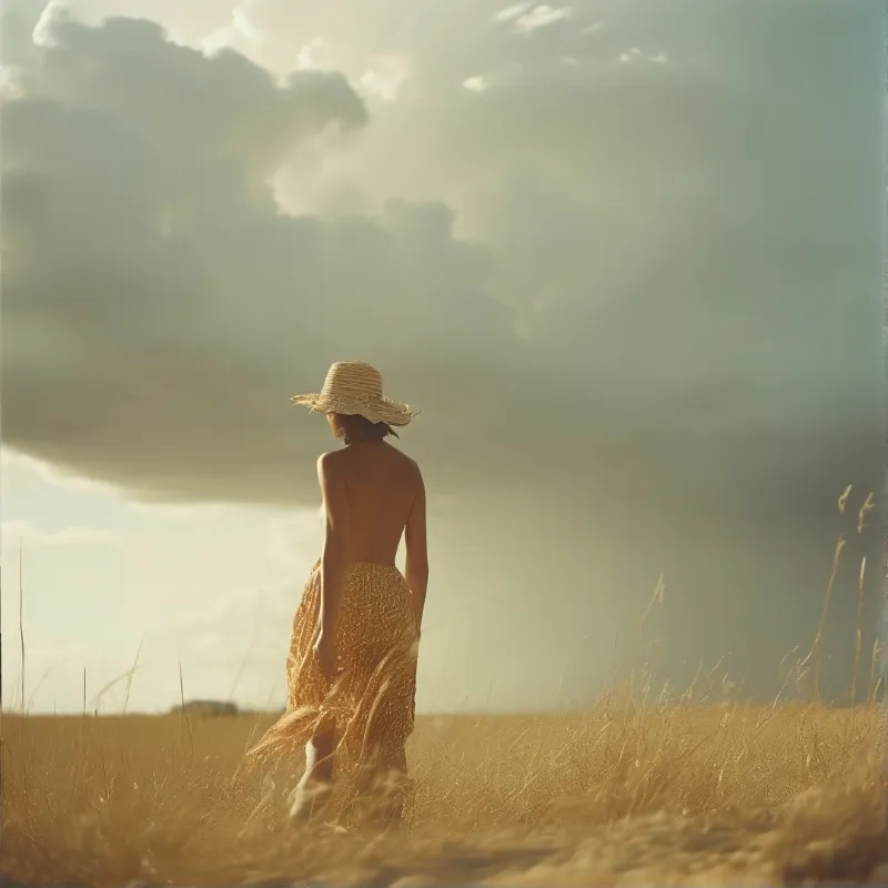 A bare-backed woman in a woven straw hat moves through sunlit dry grassland beneath warm overcast skies, bathed in soft golden backlight.