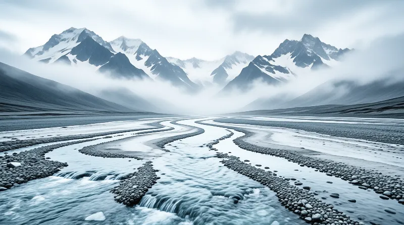 A network of braided river channels flows through a valley towards misty snow capped mountains under a cloudy sky.