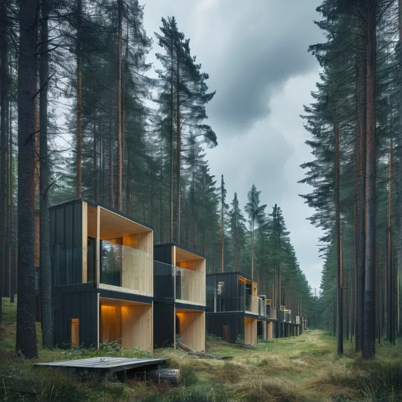 Modern wooden cabins with glowing interiors stand in a row among tall pine trees under a cloudy grey sky.