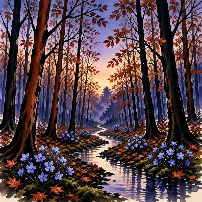 Water flows along a path between dark trees adorned with autumn foliage and clusters of blue wildflowers during twilight.