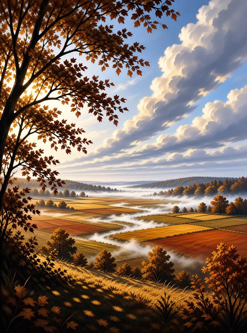 A valley view of patchwork harvest fields covered by low-lying fog, framed by autumn tree branches under a cloudy sky.