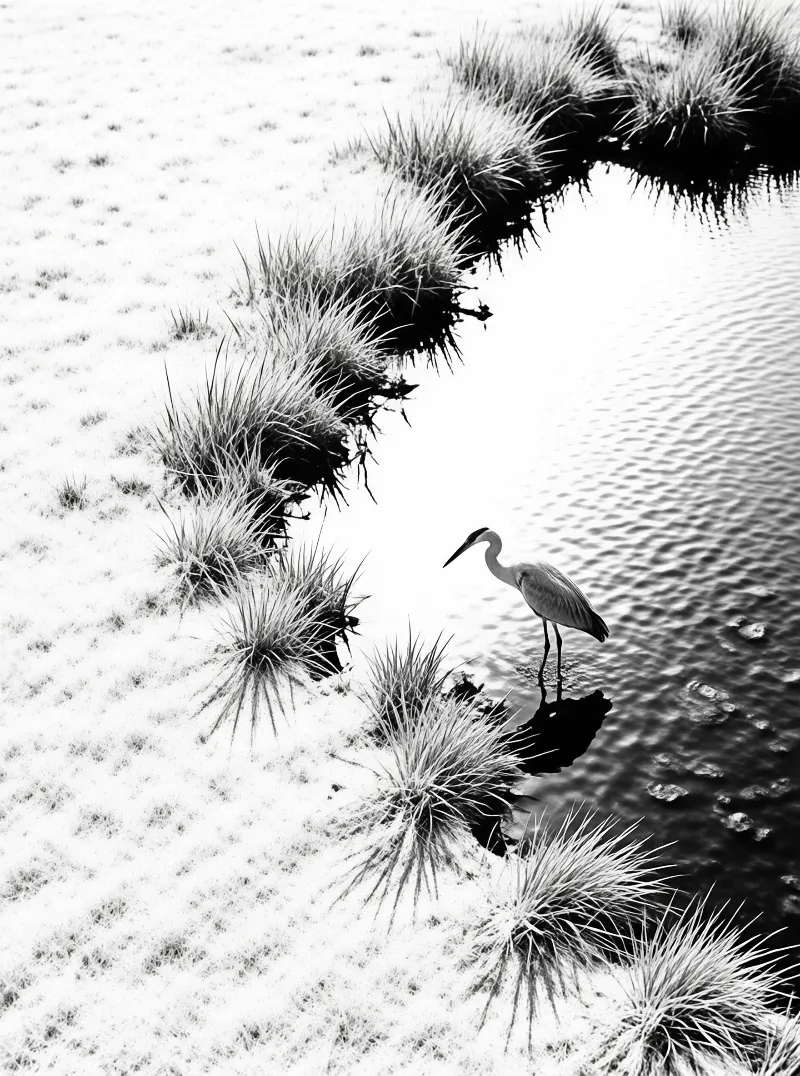 A heron wades in shallow water alongside a row of grassy tufts creating a diagonal composition.