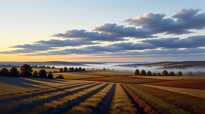 Vast agricultural land stretches towards distant hills covered in white fog under a sky with blue and orange clouds.