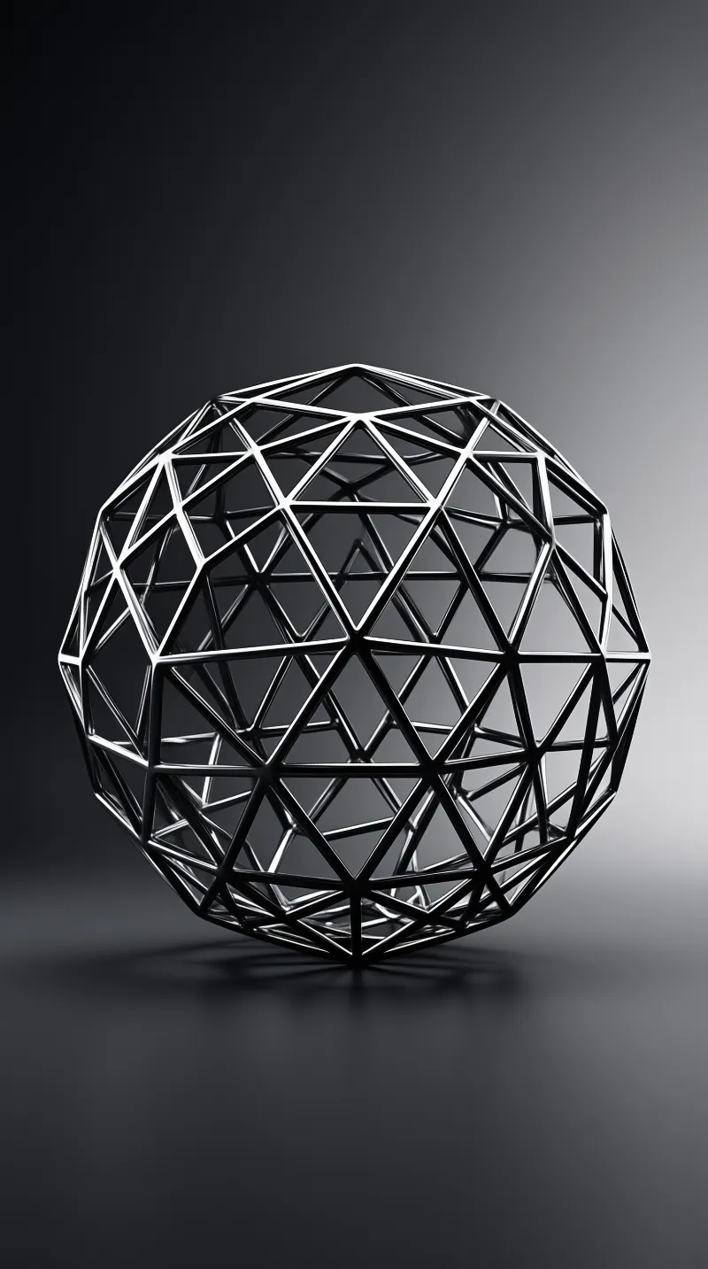 A complex metallic lattice sphere suspended in a minimalist dark studio setting with directional lighting.