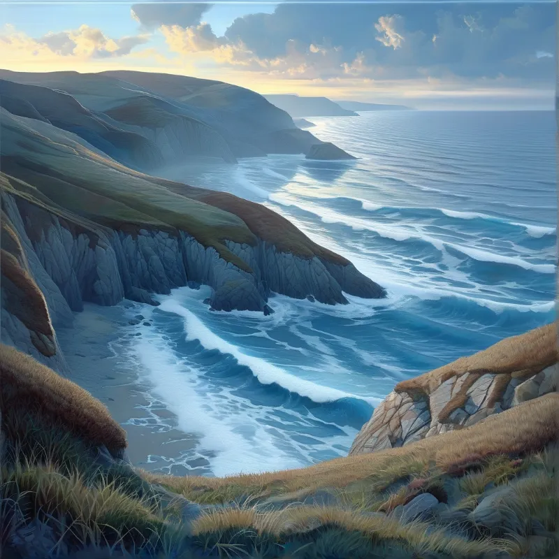 Painted sea cliffs and grassy slopes fall toward a wide bay where rows of turquoise breakers roll up a pale beach.