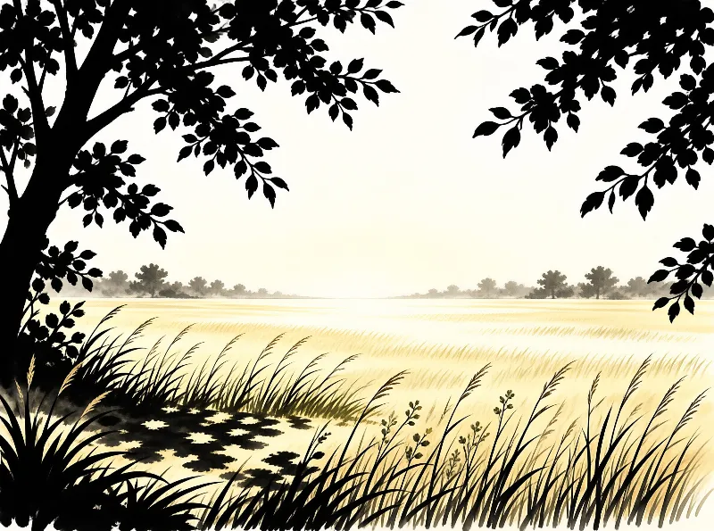 Tree branches frame a vast pale yellow field with distant trees on the horizon.