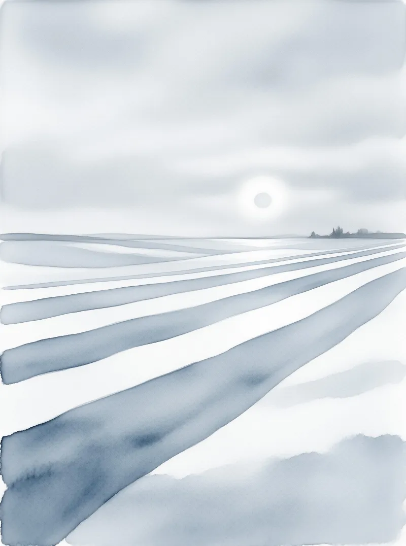 A watercolor painting shows long blue gray shadows stretching across a snowy field beneath a hazy sun on the horizon.
