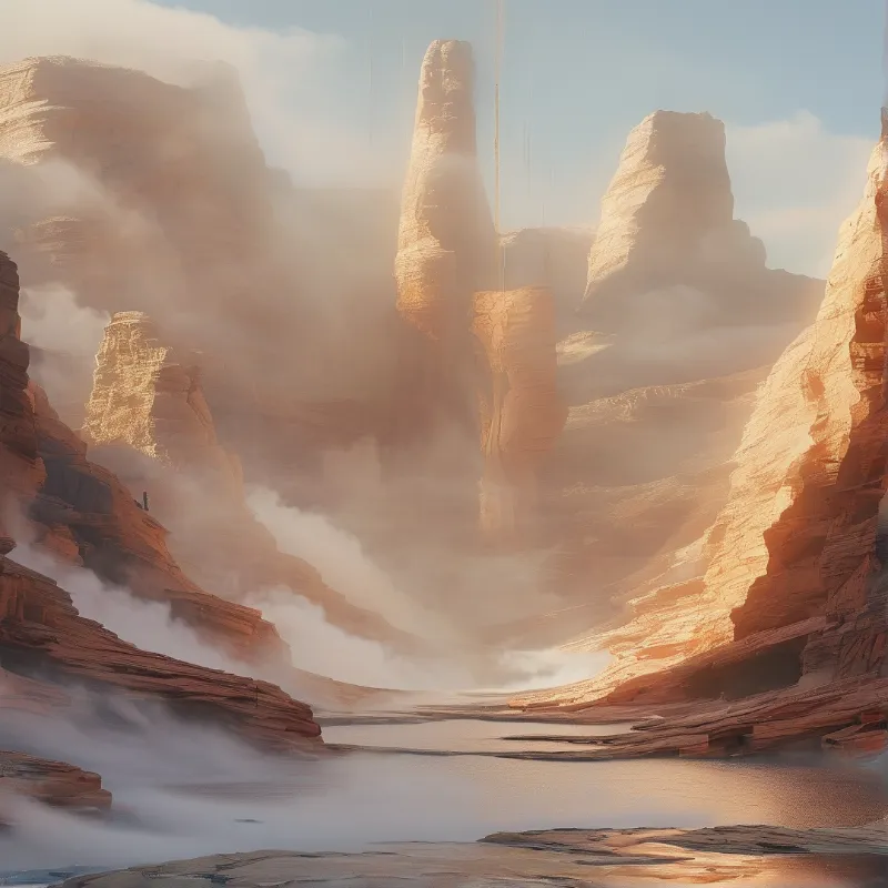 Tall red rock formations rise above a foggy canyon floor while warm sunlight illuminates the still water below.