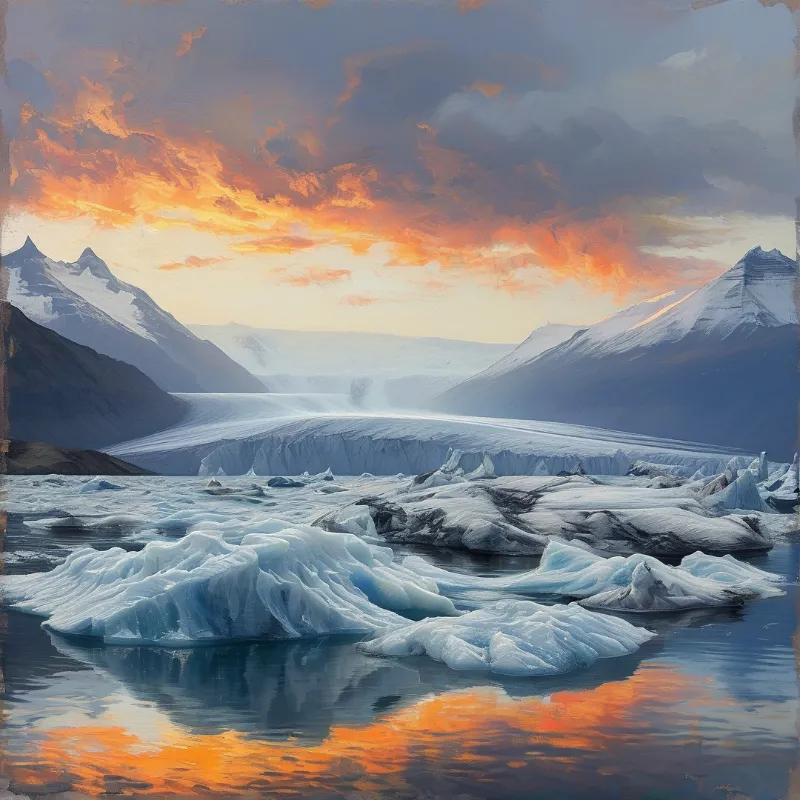 White icebergs float in dark water before a vast glacier between mountains under an orange sunset sky.
