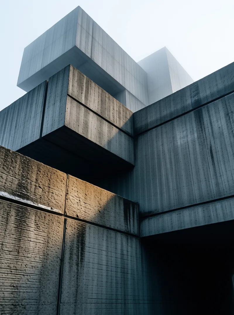 Brutalist concrete volumes cast sharp diagonal shadows as pale morning haze fills the sky above the geometric facade.