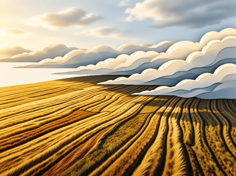 A golden wheat field stretches toward layered paper style clouds under a bright sky.