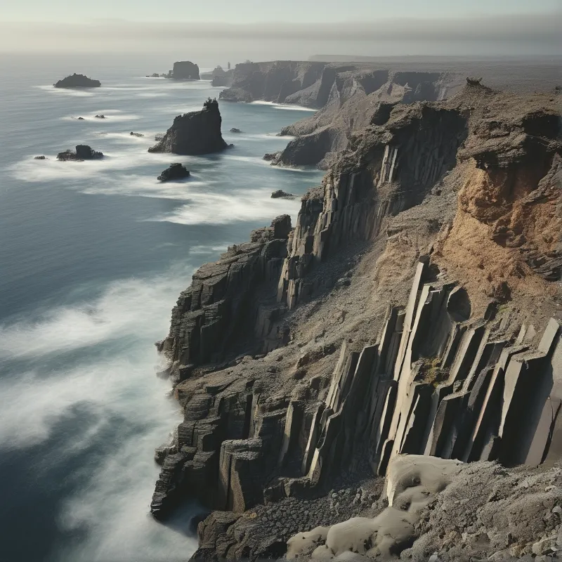 Weathered basalt pillars rise along a rugged sea cliff that slopes toward a pale misty ocean.