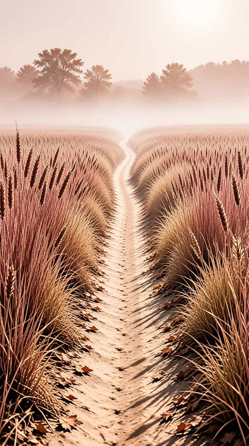 A winding sandy footpath winds through tall golden grass under a hazy pale sky with distant silhouettes of oak trees.