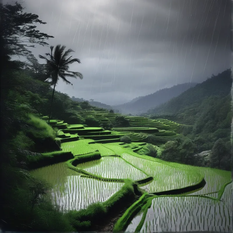 Green rice terraces filled with water reflect a dark stormy sky beneath a solitary palm tree.