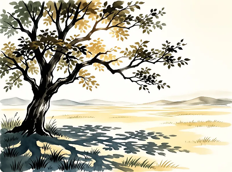 An old tree with autumn foliage stands alone in a wide sandy field, casting a dark shadow near distant hills.