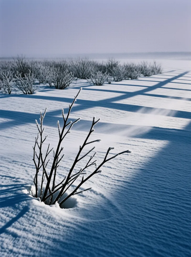 A leafless bush rimed with hoar frost stands on rippled snow, throwing a blue shadow across the frozen plain.