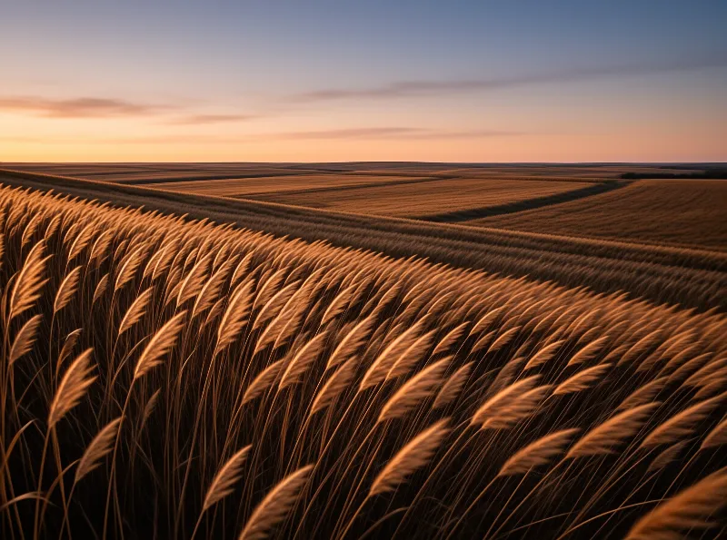 Close-up wheat ears in the foreground bend gently while rows of crop extend across rolling hills toward a gradient sunset sky.